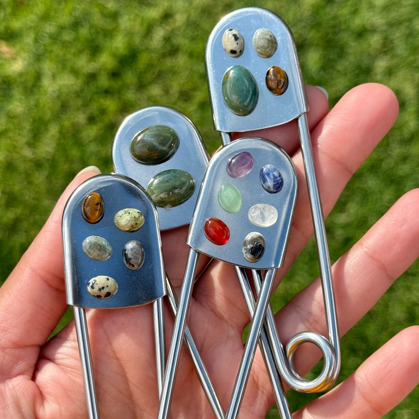 jumbo chrome metal gemstone safety pins